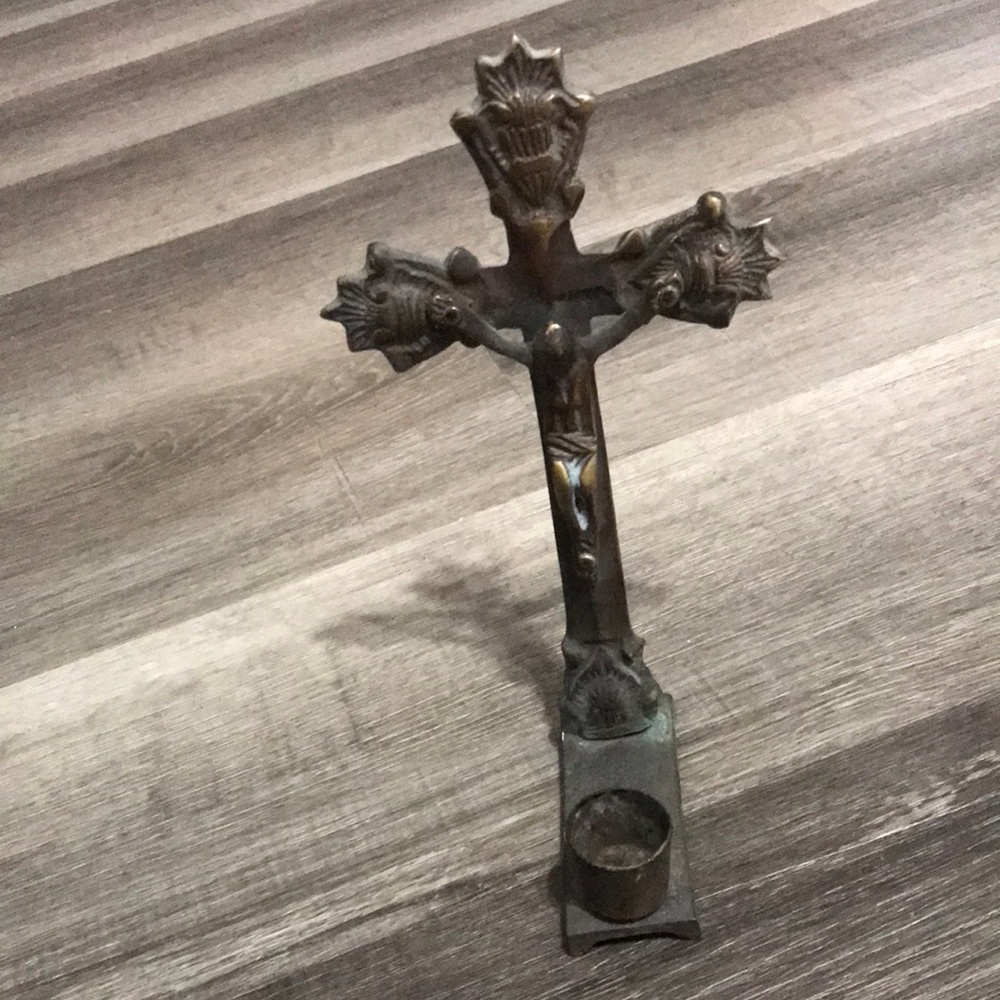 Ornate Metal Crucifix Candle Holder - Brown Finish